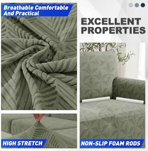 YEMYHOM 1 Piece Stretch Couch Covers for 2 Cushion Couch, Jacquard Loveseat Cover with Non-Slip Elastic Bottom, Thickened Slipcover Furniture Protector for Dogs Pets (Medium, Army Green）