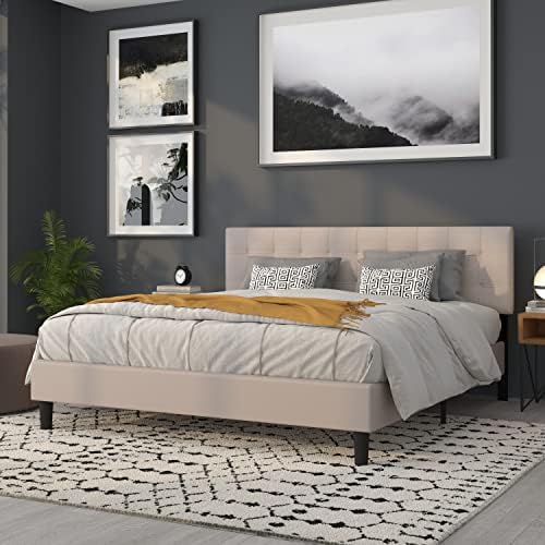Flash Furniture Bedford Box Stitch Tufted Upholstered King Size Headboard in Beige Fabric