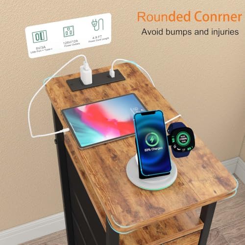 sthmec Side Table with Charging Station, Narrow End Table with 4 Drawers, Small Nightstands with Fabric Drawers,Slim Sofa Couch Side Tables for Small Spaces,Living Room,Bedroom,Rustics Brown