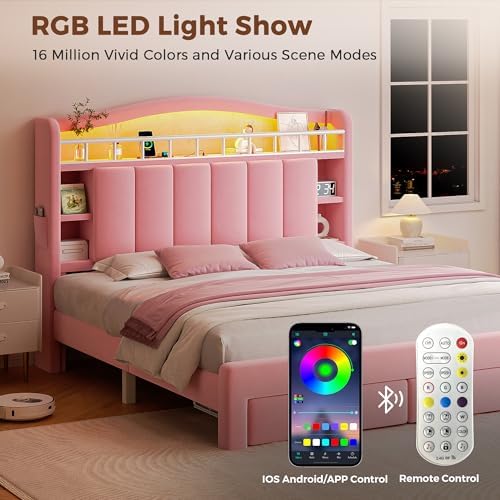 Kids LED Bed Frame with Storage Headboard & 2 Storage Drawers (Full&Pink)