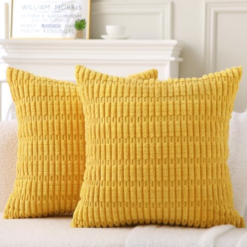 2 Pack Corduroy Decorative Throw Pillow with Inserts, 18x18 Inch Soft Boho Throw Pillow, Square Striped Throw Pillows for Couch, Bed, Sofa Decor