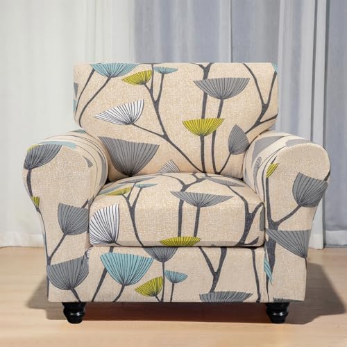 SearchI Stretch Sofa Cover Printed Couch Covers, Floral Pattern 2 Piece Armchair Slipcover with Separate Chair Cushion Cover, Washable Furniture Protector for Living Room(Armchair, Dandelion Pattern)