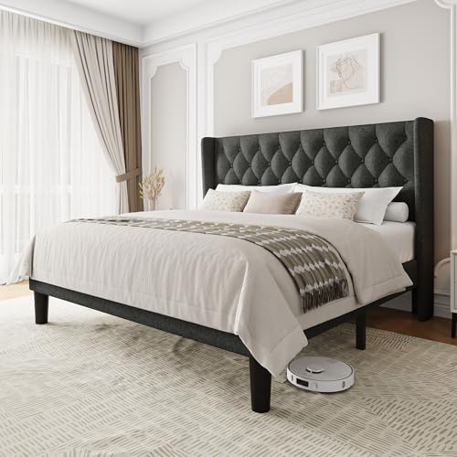 Einhomn King Size Platform Bed Frame with Upholstered Wingback Headboard, 12" Under Bed Space, Wooden & Metal Slats Support, No Box Spring Needed, Black