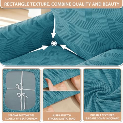 ZNSAYOTX 4 Piece Stretch Couch Covers (72"-90") New-Rectangle Texture, Thick Sofa Covers for 3 Cushion Couch Universal Sofa Slip Cover with Elastic Bottom & Buckle, Washable Protector Peacock Blue