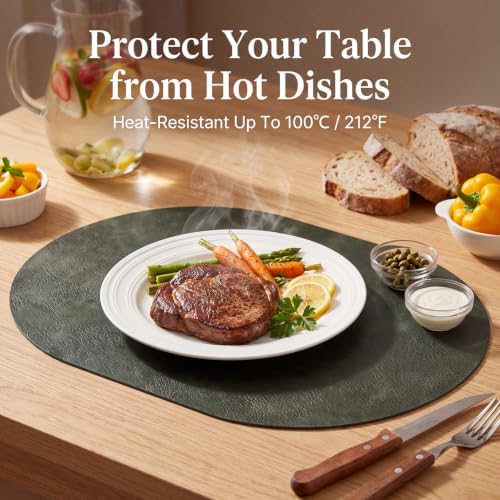 Oval Placemats Set of 8, Wipeable Faux Leather, Olive Green