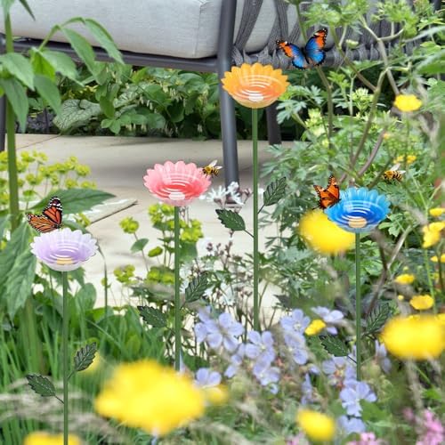 hogardeck Garden Decor for Outside, 4 Pcs 25.8" Metal Bee Watering Station, Flower Design with Stakes, Butterfly Feeder Bird Bath for Outside Yard Patio Lawn (Blue, Yellow, Pink, White)