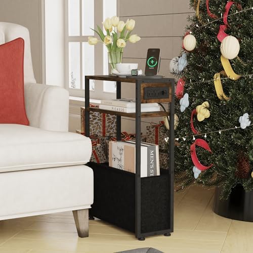 Leomonio Narrow Side Table, Slim Night Stand with Magazine Rack