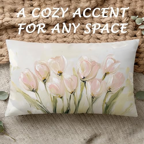 Vintage Pastel Tulip Floral Lumbar Pillow Cover 12x20 Double-Sided, Farmhouse Spring Decor, Abstract Floral Botanical Decorative Throw Pillow Cover for Living Room Home Bedroom