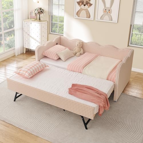 Twin Size Daybed with Pop Up Trundle, Linen Gingham Twin to King Daybed with USB Ports, Upholstered Day Bed Frame, Modern Sofa Bed for Living Room/Bedroom/Guest Room, No Box Spring Needed, Pink