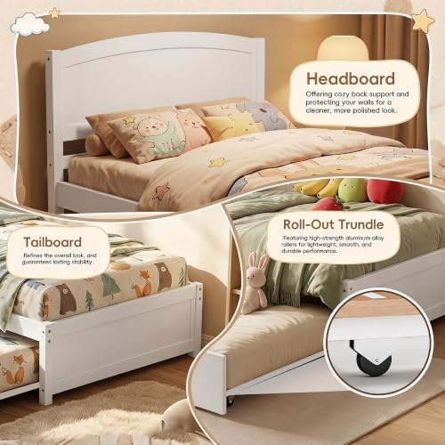 Daybed with Trundle, Twin Size Pull Out Bed, Solid Wood Extendable Day with Trundle Bed Twin, Include Slat Support (White, Trundle)
