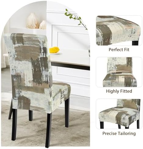 SearchI Dining Room Chair Covers Set of 4, Stretch Printed Floral Parsons Chair Slipcovers Removable Washable Kitchen Chair Protector Cover for Dining Room, Hotel, Ceremony (Brown Abstract Pattern)