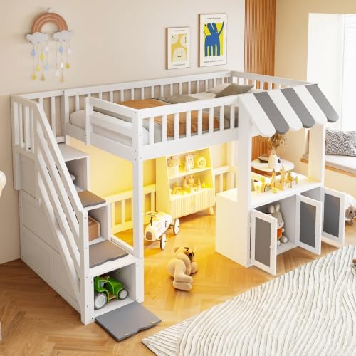 LUMISOL Twin Size Loft Bed with Storage Steps and Under Bed Cabinets, Playhouse Loft Bed Frame with LED Light, White+Gray