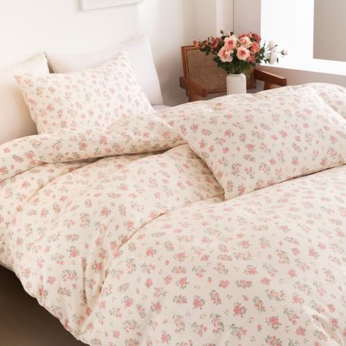 Floral Duvet Cover Set Queen Size, 3 Pieces Pink Flower and Green Leaf Pattern, Soft Microfiber Reversible Cottagecore Bedding Set with 2 Pillowcases, Comforter Insert Not Included, Cream
