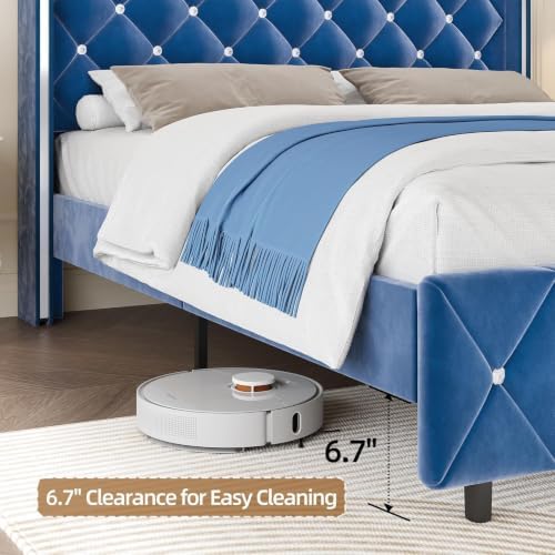 HOMBCK Bed Frame Full Size with Velvet Headboard, Silverside Wingback, Blue