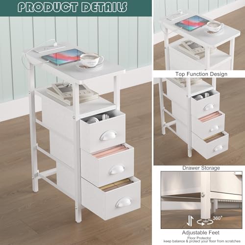 Sthmec End Table with Charging Station,Narrow Side Tables with USB Ports and Outlets,Skinny Bedside Tables with 3 Drawers,Small Tables Nightstands for Small Space,Slim Sofa Table for Livingroom, White