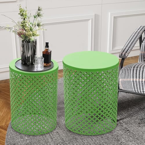 Metal Frame Accent Table,Cylindrical Outdoor Side Table,Decorative Garden Stool,Set of 2 Nesting Side Table,Modern Decorative Garden Stool for Patio Balconies Cafes Parks (2, Green)