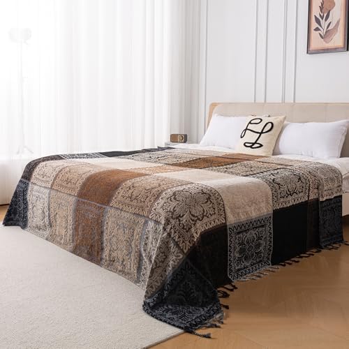 Boho Throw Blanket, Chenille Jacquard Tassels Throw Blankets for Bed Couch Soft Chair， Bohemian Fringe Tassels (Black, Large 86 * 102Inches)