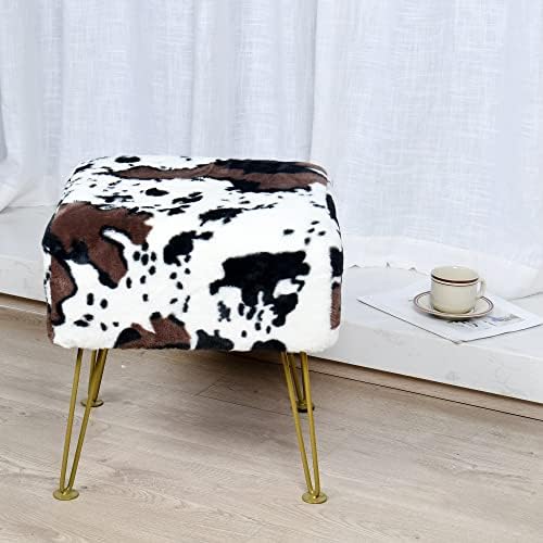 Cow Square Faux Fur Ottoman 17"x17"x17" Soft Fuzzy Entryway Bench Seat Sturdy Accent Coffee Table for Living Room Make Up Vanity Shoe Stool with Golden Legs for Bedroom Closet Foot Rest