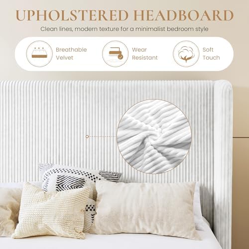 SHA CERLIN Full Corduroy Platform Bed with Tufted Wingback Headboard, White