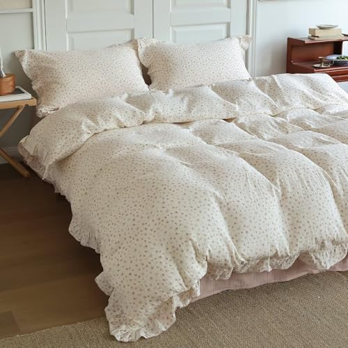 BuLuTu Girls Duvet Cover Twin Kids Comforter Cover Pink Floral Print Quilt Cover Ruffled Bedding Decor, Pure Cotton Gauze Duvet Cover for All Seasons, Soft Lightweight Breathable, Machine Washable