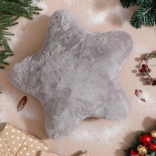 YRXRUS Star Pillows, Christmas Pillows, Light Gray Star Shaped Pillow, Gifts, Cute Plush Throw Pillow Room Decor, Fluffy Faux Rabbit Fur 18"x18", Living Bedroom