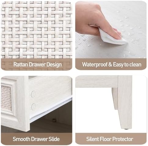 RoyalCraft Rattan Nightstand Set of 2 for Bedroom, Boho Bedside Table with 2 Drawers, Accent End Table with Open Storage Shelf, Wood Bedside Unit for Home Office, Grayish White