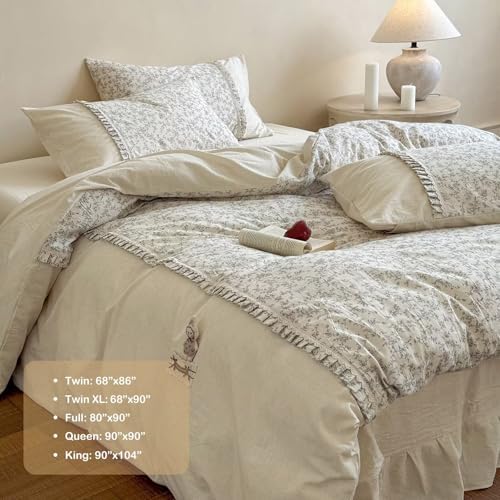 Floral Full Size Duvet Cover with 2 Pillowcases,80"×90",Cotton Linen