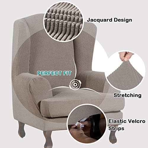 Turquoize Wingback Chair Covers 2 Piece Wing Chair Slipcover Stretch Slipcovers for Wingback Chairs Wing Chair Cover Spandex Jacquard Fabric with Elastic Bottom Non-Slip Furniture Cover, Taupe