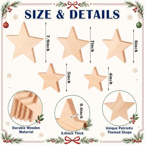 Jetec 5 Pcs 4-8 Inch Wooden Stars for Crafts 5 Size Unfinished Star Cutouts