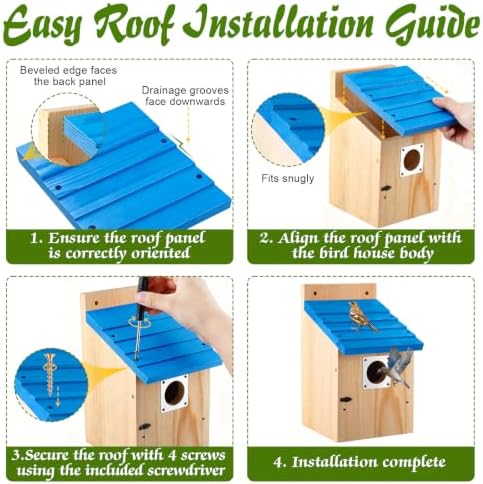 Dreyoo 4 Pack Bluebird Houses for Outside with Metal Predator Guard, 1-1/2" Entrance Hole Wooden Blue Bird Houses for Outdoors, Bluebird Nesting Box(Blue Roof, Wood Body)