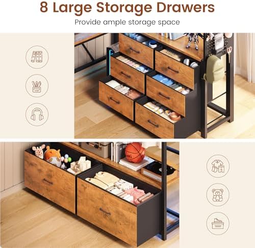 Itaar Twin Loft Bed with L-Shaped Desk & 8 Storage Drawers, Metal Kids Twin Loft Bed with Led Lights, Charging Station, Hall Tree, Safety Guard & Ladder, No Box Spring Needed, Rustic Brown