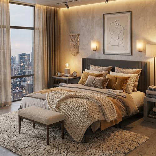 Gizoon King Bed Frame with Wingback Headboard, Upholstered Platform Bed