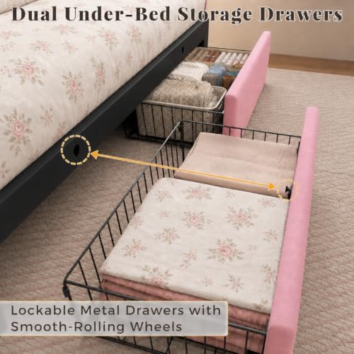 Queen Bed Frame with 2 Storage Drawers, Pink Velvet Upholstered