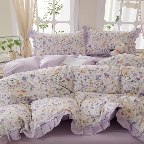 Purple Flower Duvet Cover Set Twin Size, Soft 100% Cotton Romantic Ruffle Lace Bedding Set, Vintage Aesthetic Floral Comforter Cover, Cottagecore Flower Botanical Duvet Cover with Zipper Closure