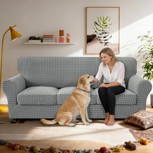 MAXIJIN 4 Pieces Stretch Oversized Couch Covers for 3 Cushion Sofa Covers Washable Sofa Slipcovers Thick Soft Furniture Protector with Non Slip Strap (Light Gray), 91"-110"(3 XL Cushions)