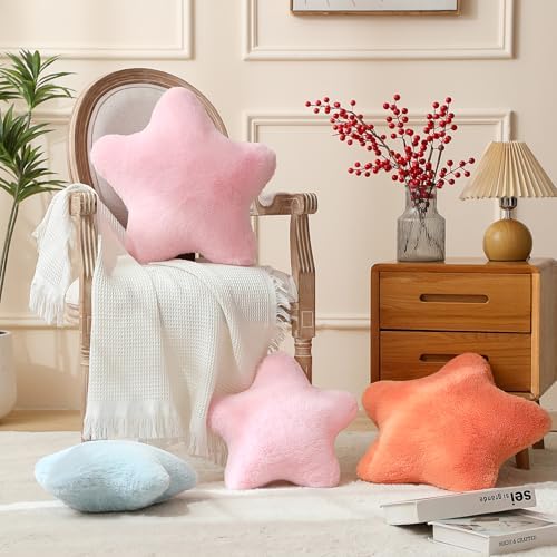 YRXRUS Star Pillows, Christmas Pillows, Light Pink Star Shaped Pillow, Gifts, Cute Plush Throw Pillow Room Decor, Fluffy Faux Rabbit Fur 18"x18", Living Bedroom