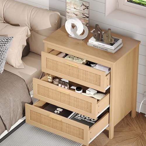 Keehusux Rattan Nightstand with Charging Station and 3 Drawers, Natural