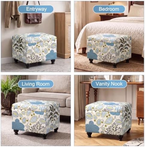 Adeco Colorful Storage Ottoman with Storage, 21" Linen Fabric Ottoman Foot Rest Stool with Hinged Lid with Blue Leaf Pattern, 360 LB Load Capacity, Living Room, Bedroom, Entryway