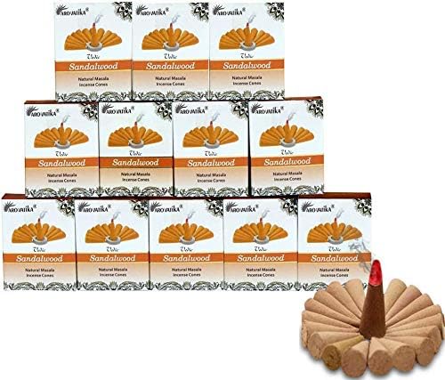 ARO VATIKA Vedic Sandalwood Natural Incense Cones Pack of 120, 12 Premium Boxes Non-Toxic Dhoop Cones for Meditation, Yoga, Spiritual Healing, Relaxation & Home Fragrance, Burn Time- 25 Mins