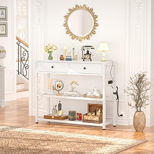 Ecoprsio Entryway Table with Outlets and USB Ports, Console Table with 2 Drawers, Small Sofa Table with Storage Shelves for Living Room, Couch, Hallway, Foyer, Kitchen Counter, 32'', White