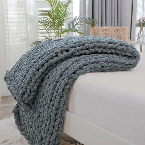 Bigacogo Chunky Knit Throw Blanket for Couch, 40x60 inches, Iron Gray