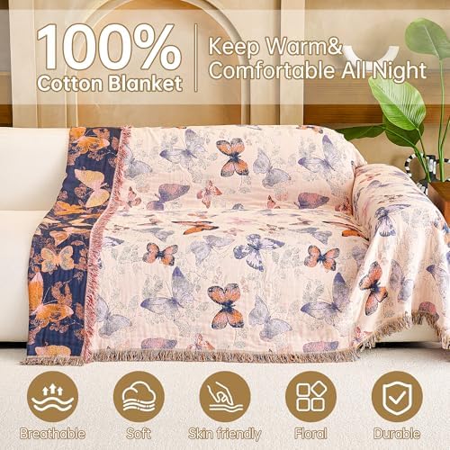 VANJOROY Boho Throw Blanket, 100% Organic Cotton Breathable Ultra Soft 91" x 108" King Bed Quilt Throw - All Season Floral Rustic Farmhouse Decor Luxury Blanket for Sofa Couch Chair and Gift