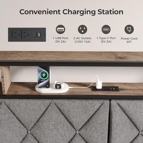 Headboard Queen Size with Storage, Charging Station & Lights, Dark Grey