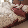 Girls Flower Duvet Cover Set 100% Cotton Queen(90"x90"),Ruffled Wine Red