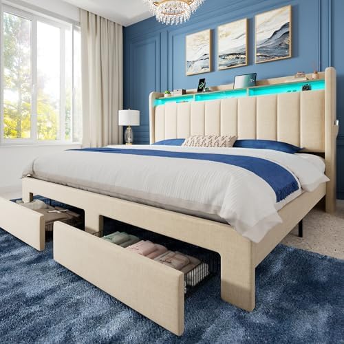 Allewie King Size Bed Frame with 2-Tier Storage Headboard & 2 Large Drawers