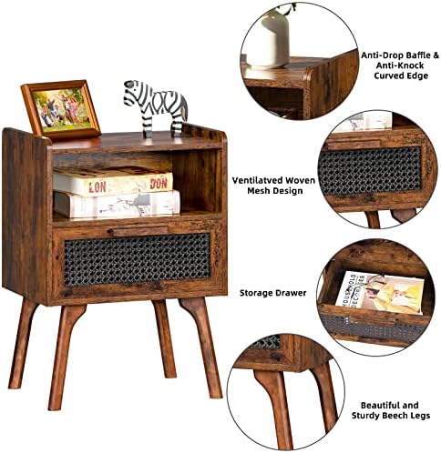 Lerliuo Rattan Nightstand, Boho Side Table with Drawer Open Shelf