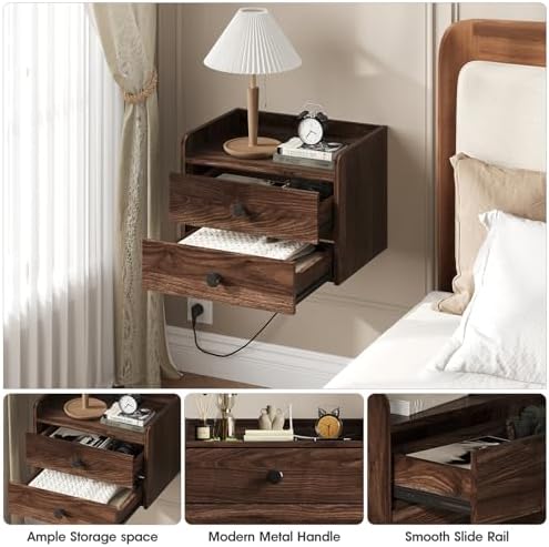 Floating Nightstand Set of 2 with 2 Storage Drawers and Charging Station