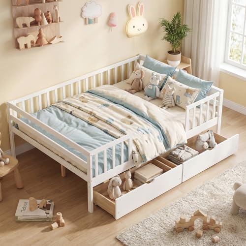 KOMFOTT Full Bed Frame with Rails, Wood Daybed with Side Shelf & 2 Storage Drawers, Platform Bed with Guardrail & Wooden Slat Support for Kids Teens, No Box Spring Needed (Full,White)