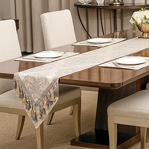 Loom and Mill Luxury Elegant Damask Table Runner 120 inches Long, Beige