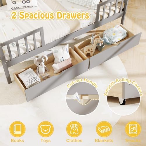 KOMFOTT Wood Twin Bed Frame with Fence Rails & 2 Pull-Out Drawers, Kids Twin Bed Frame with Side Shelf, No Box Spring Needed Solid Wood Slats Supported Daybed for Children & Teens (Grey)